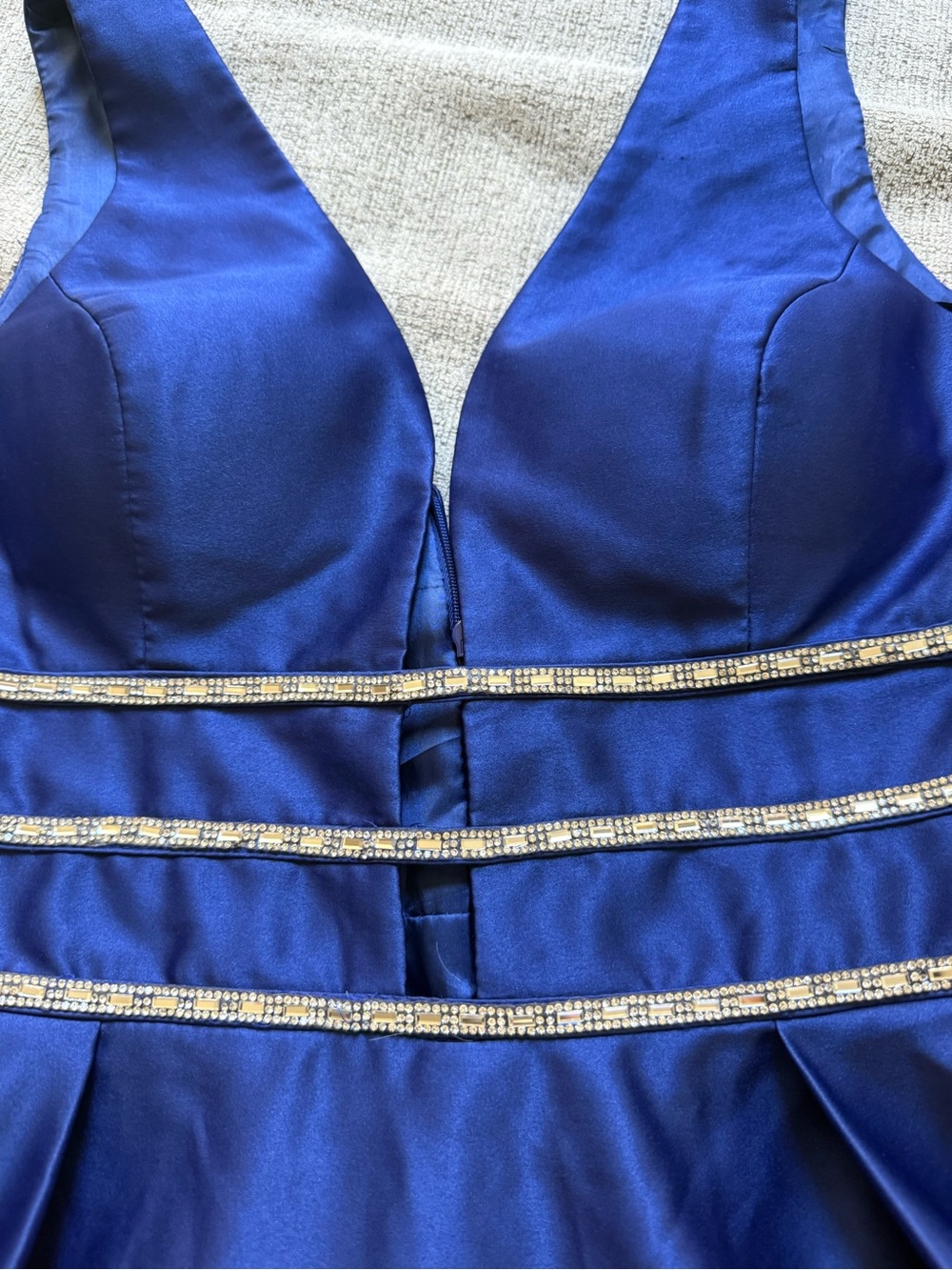 Blondie nights Navy Blue Satin Party Dress with Rhinestone Trim - Picture 2 of 5